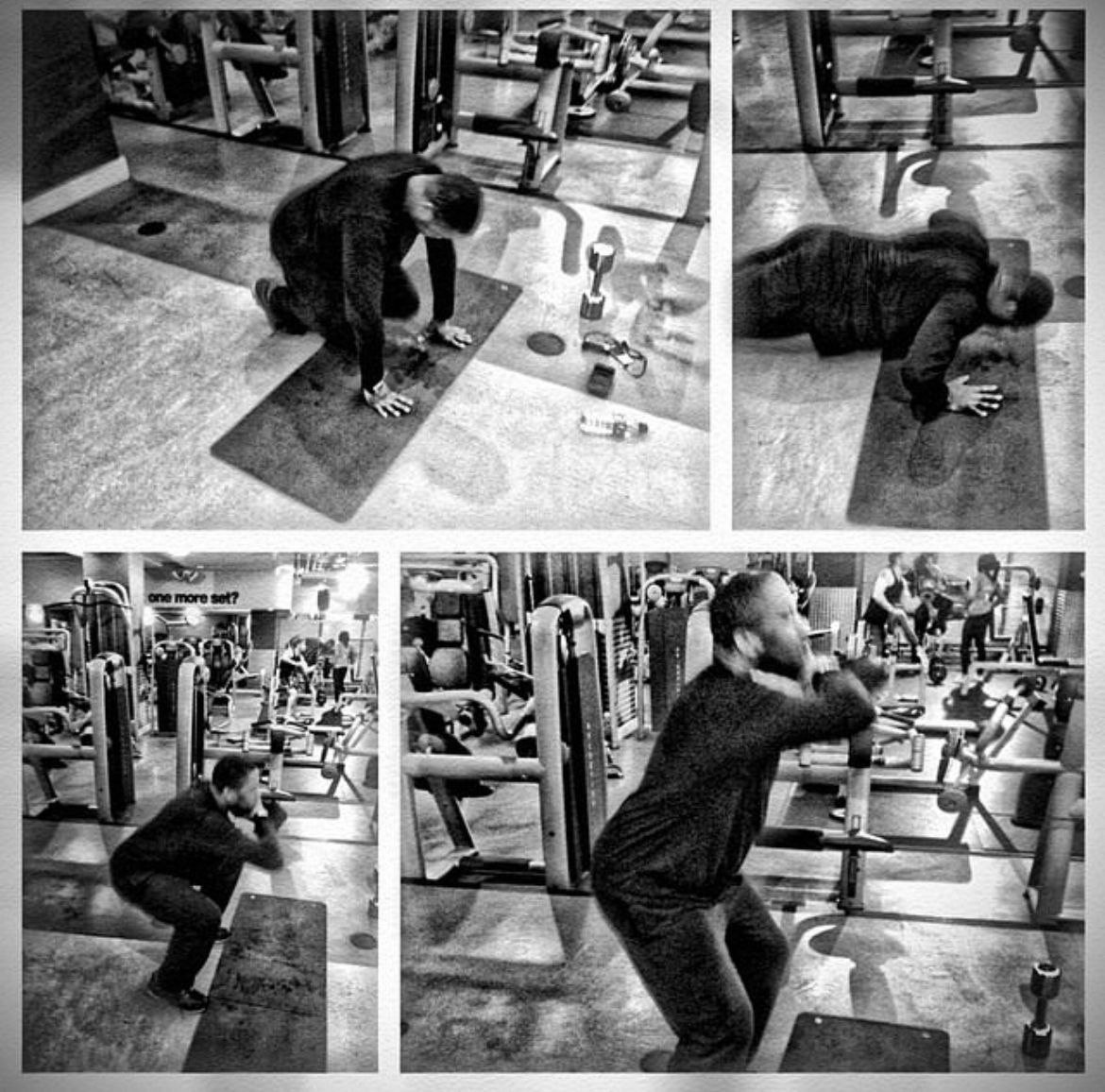 Male client doing floor work and squat-recovery sets in a Birmingham gym, mid-Restart Block